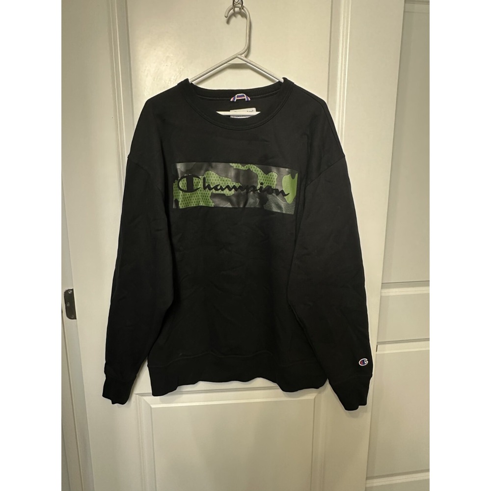 Champion Powerblend Fleece Crew Sweatshirt Black Camo Pullover Streetwear Sz XL